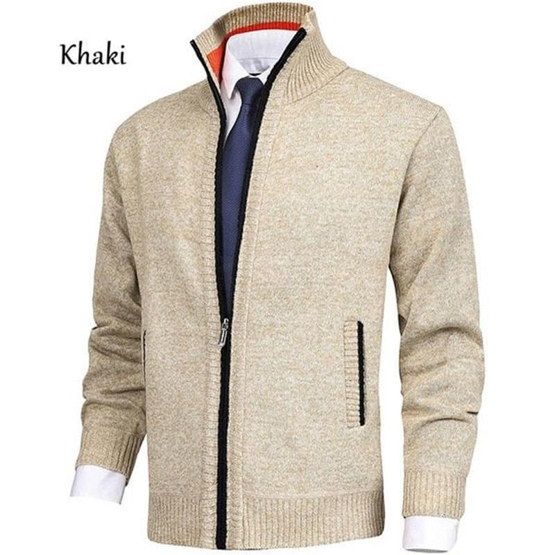 Chaqueta de punto para hombre, color liso, con cuello levantado, a la moda