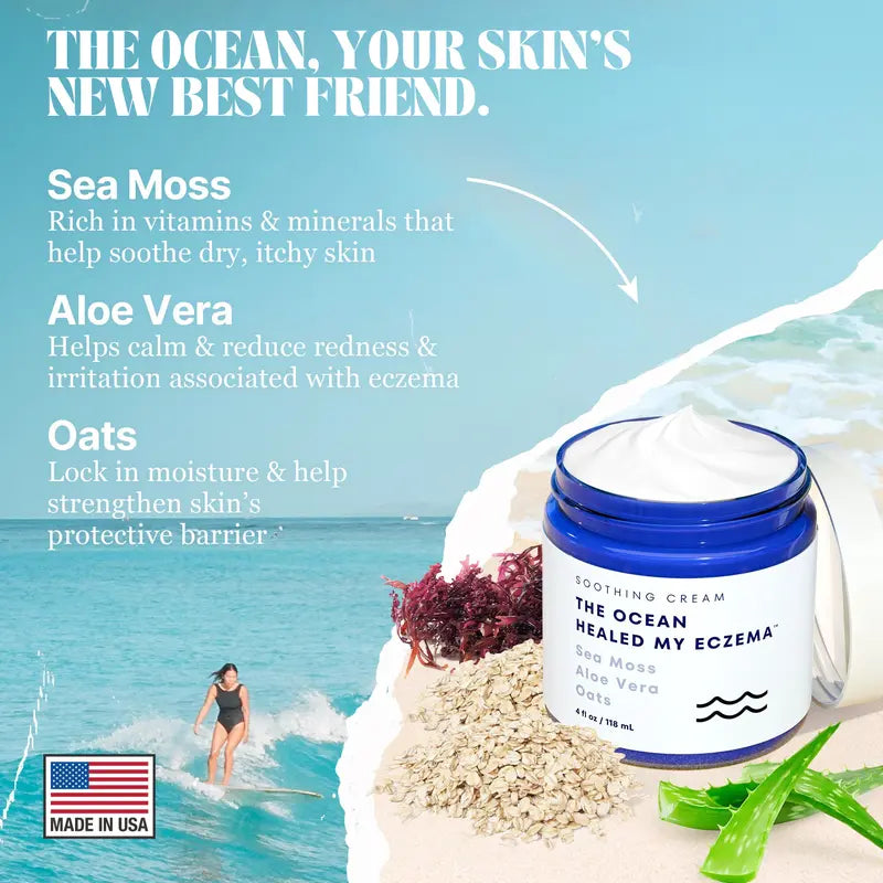 Naturlig lugnande kräm med sjömossa & Havre - Eksem & Psoriasislindring - Ocean Minerals - för känslig hud - Återfuktande eksemkräm för torr hud