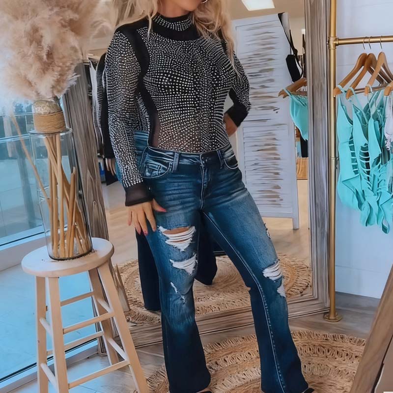 🔥👚Top elegante de corte axustado con detalles de pedrería