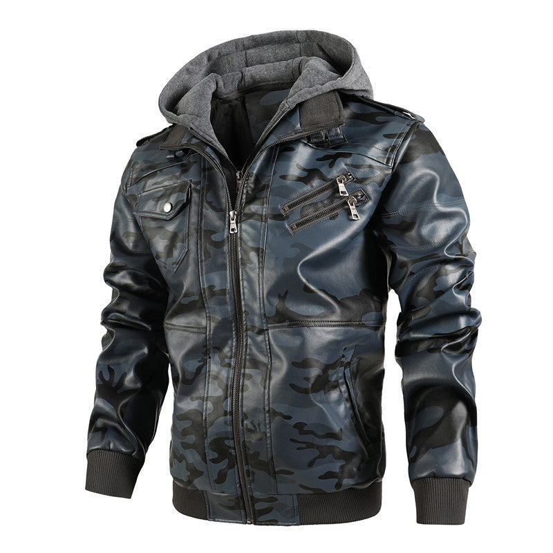 Chaqueta con capucha de cuero PU con cremallera para hombre