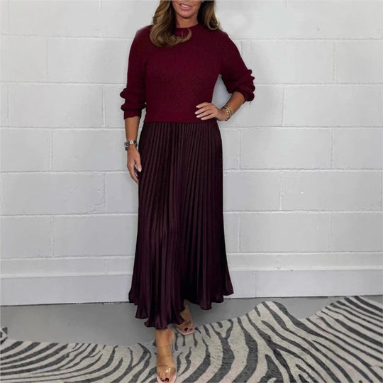 🔥Women's Solid Color Long Sleeve Jumper & Pleated Bottom Dress