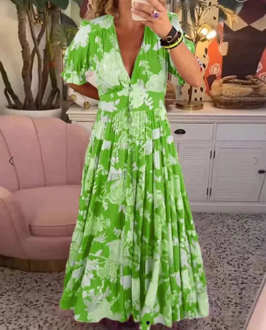 Heißer Verkauf💃V-Ausschnitt, geblümtes, locker sitzendes Maxikleid
