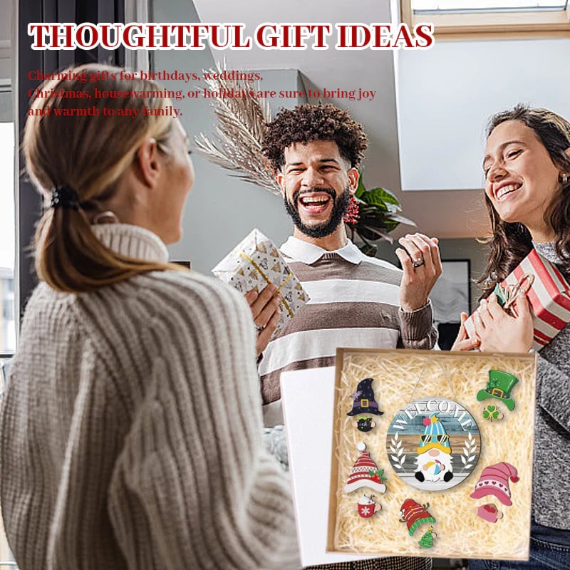 🍁Christmas Best Decorations🎄Interchangeable Wooden Gnome Welcome Sign🎈