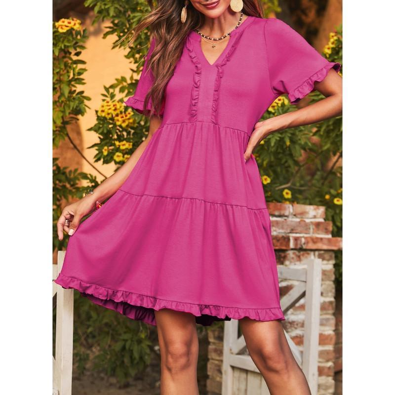 🔥🌈2026 Summer Hot Sale 49% OFF🌈Women's V Neck Ruffle Casual A-Line Flowy Swing Shift Dress