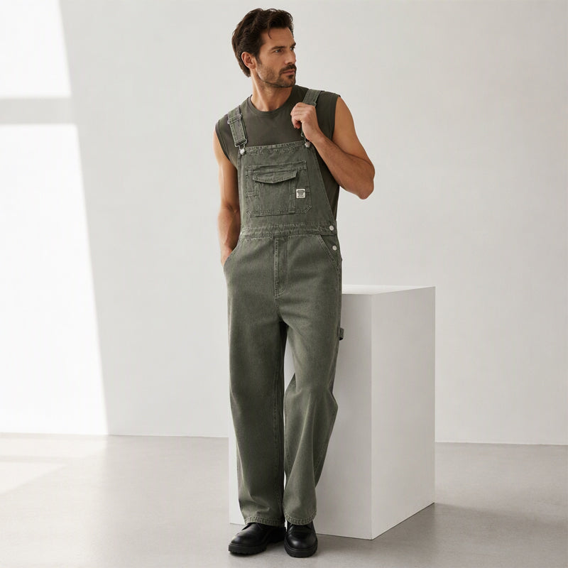 Men's Heavyweight Cotton Denim Overalls Relaxed Fit Straight Leg Dungarees with Multi Pocket Utility