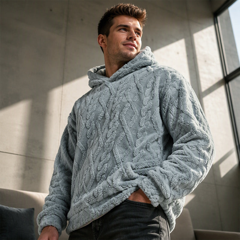 Men's Winter Fodrad Lined Hoodie Jacquard Pattern Long Sleeve Pullover Sweatshirt for Casual Outdoor Wear