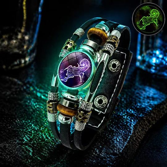 💥Last-Day Sale – 30% Off ☪️Glow-in-the-Dark Leather Zodiac Sign Bracelet For Men and Women (6.9/8.1 inches)♑️