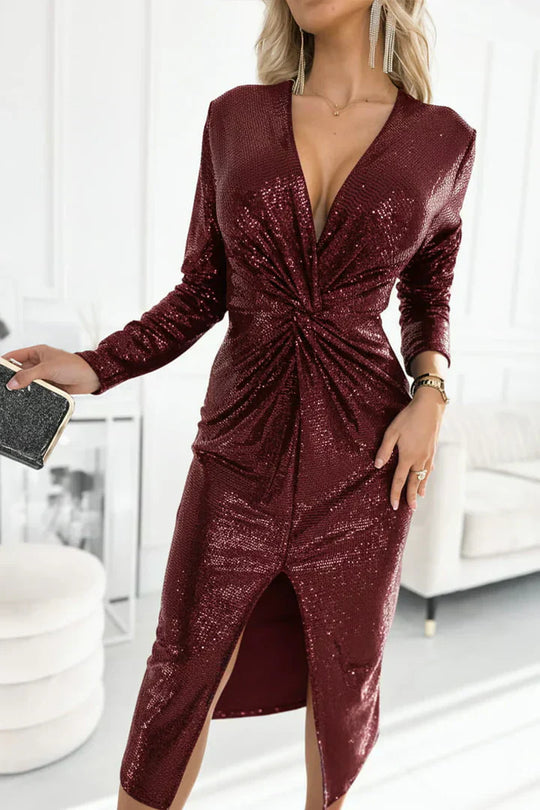 🎅Christmas Sale 50% OFF🎁Women V-neck Pleated Sequined Slit Elegant Temperament Evening Party Dress