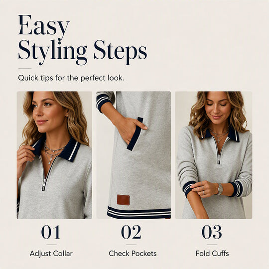 ✨ Striped Detail, Easy Quarter-Zip Style | Women's Collared Pocket Dress