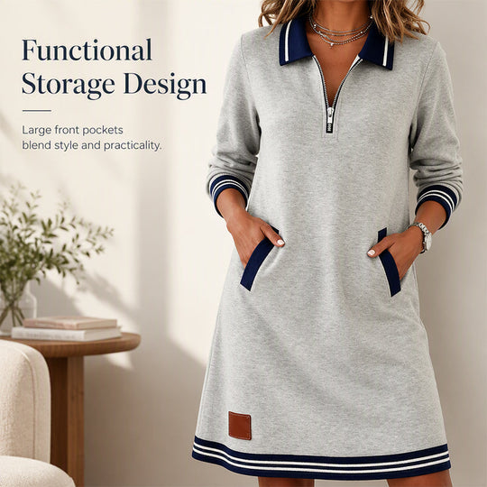 ✨ Striped Detail, Easy Quarter-Zip Style | Women's Collared Pocket Dress