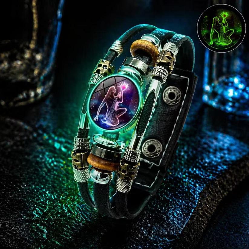 💥Last-Day Sale – 30% Off ☪️Glow-in-the-Dark Leather Zodiac Sign Bracelet For Men and Women (6.9/8.1 inches)♑️