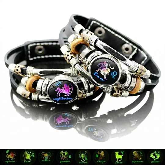💥Last-Day Sale – 30% Off ☪️Glow-in-the-Dark Leather Zodiac Sign Bracelet For Men and Women (6.9/8.1 inches)♑️