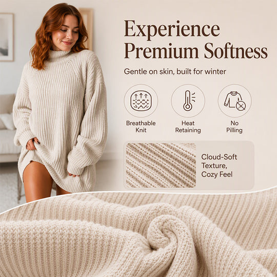 🧶 Cozy High Neck, Flattering Relaxed Drape | Women's Knit Sweater Dress