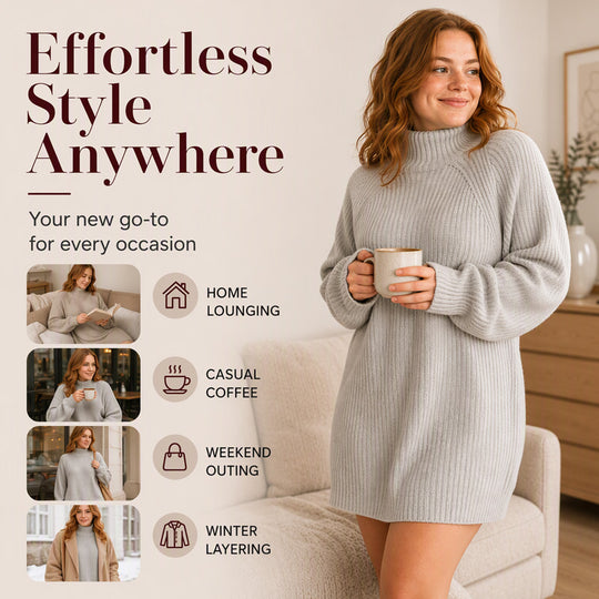 🧶 Cozy High Neck, Flattering Relaxed Drape | Women's Knit Sweater Dress