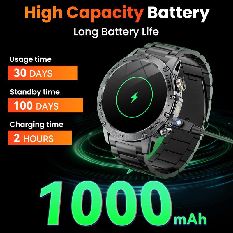 Men's military-style smartwatch with a 1,100-mAh battery, 1.7-inch AMOLED display, LED flashlight, IP68 water resistance, fitness watch with phone functionality, over 110 sport modes, heart rate and sleep tracking, compatible with iOS and Android