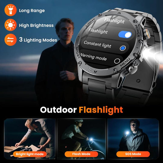 Men's military-style smartwatch with a 1,100-mAh battery, 1.7-inch AMOLED display, LED flashlight, IP68 water resistance, fitness watch with phone functionality, over 110 sport modes, heart rate and sleep tracking, compatible with iOS and Android