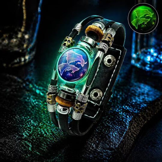 💥Last-Day Sale – 30% Off ☪️Glow-in-the-Dark Leather Zodiac Sign Bracelet For Men and Women (6.9/8.1 inches)♑️
