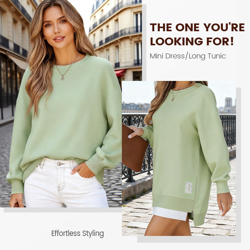 💥Winter Hot Sale 50% Off💥Long Sleeve Pullover Zipper Slit Casual Sweatshirt Dress