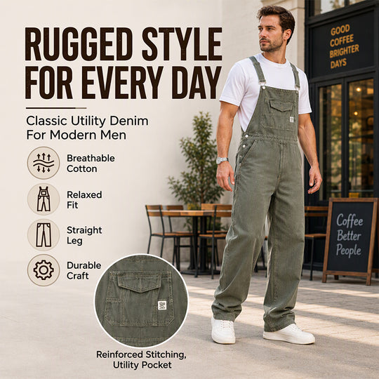 Men's Heavyweight Cotton Denim Overalls Relaxed Fit Straight Leg Dungarees with Multi Pocket Utility