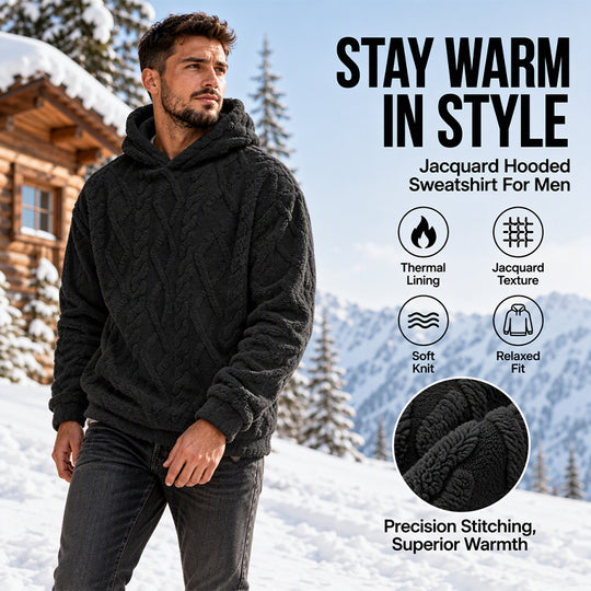 Men's Winter Fodrad Lined Hoodie Jacquard Pattern Long Sleeve Pullover Sweatshirt for Casual Outdoor Wear