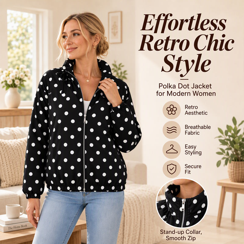⚫ Playful Polka Dots, Statement Sleeves | Women's Oversized Zipper Jacket