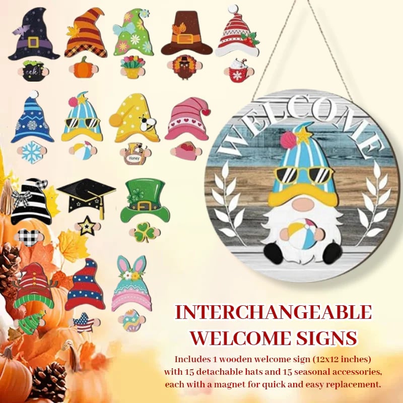 🍁Christmas Best Decorations🎄Interchangeable Wooden Gnome Welcome Sign🎈