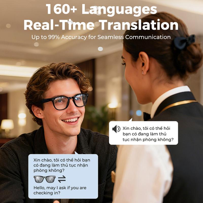 AI smart glasses with ChatGPT, 8 MP camera and HD 1200P 4K video recording, real-time translation in over 160 languages, Bluetooth 5.4, HiFi audio and music control, smart sunglasses with video recording for on the go