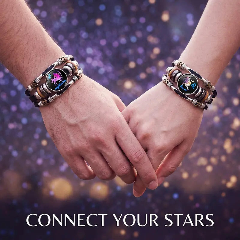 💥Last-Day Sale – 30% Off ☪️Glow-in-the-Dark Leather Zodiac Sign Bracelet For Men and Women (6.9/8.1 inches)♑️