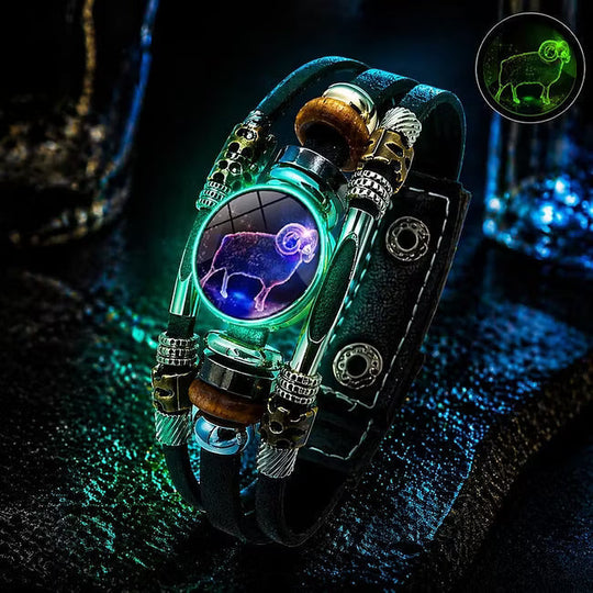💥Last-Day Sale – 30% Off ☪️Glow-in-the-Dark Leather Zodiac Sign Bracelet For Men and Women (6.9/8.1 inches)♑️
