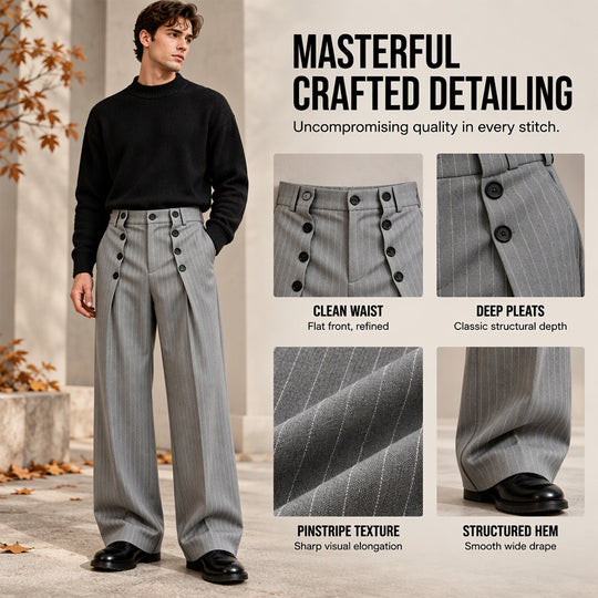 💼 Tailored Waist, Effortless Drape | Men's Double-Breasted High-Waist Pants