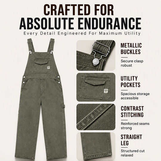 Men's Heavyweight Cotton Denim Overalls Relaxed Fit Straight Leg Dungarees with Multi Pocket Utility