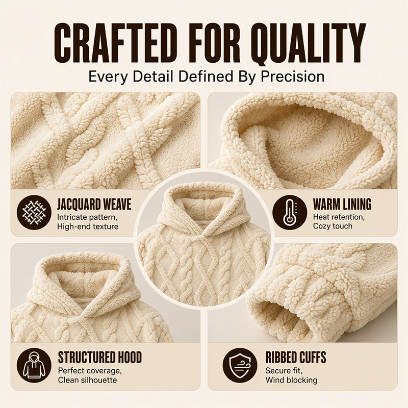 Men's Winter Fodrad Lined Hoodie Jacquard Pattern Long Sleeve Pullover Sweatshirt for Casual Outdoor Wear