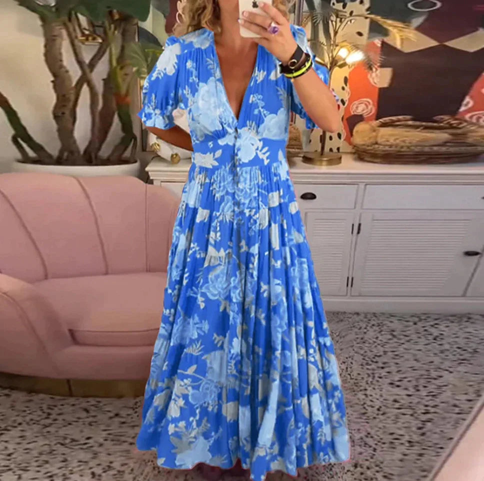 Heißer Verkauf💃V-Ausschnitt, geblümtes, locker sitzendes Maxikleid