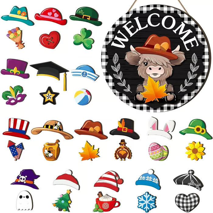 🐇 Paasuitverkoop💥Welkomstbord met Schotse hooglandkoe, verwisselbaar met magneet, afneembare hoedjes, schattige hangende koeien