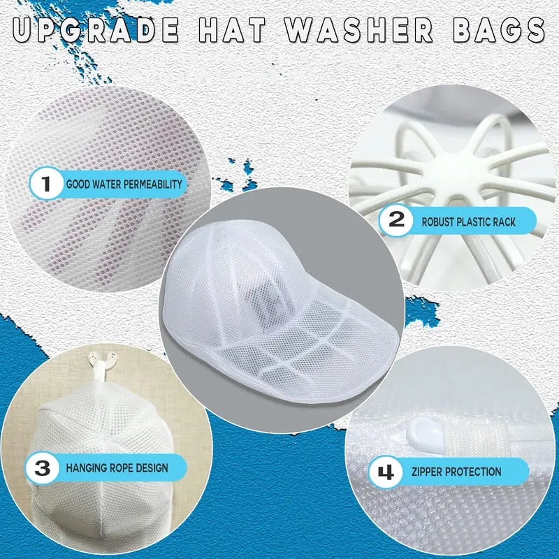 Polypropylene Hat Washer Cage with Adjustable Shaper, 1 Pack White Free Gift Mesh Bag, Laundry Accessory Zipper Organizer for Adult Caps, Hat Cleaning Protection in Washer