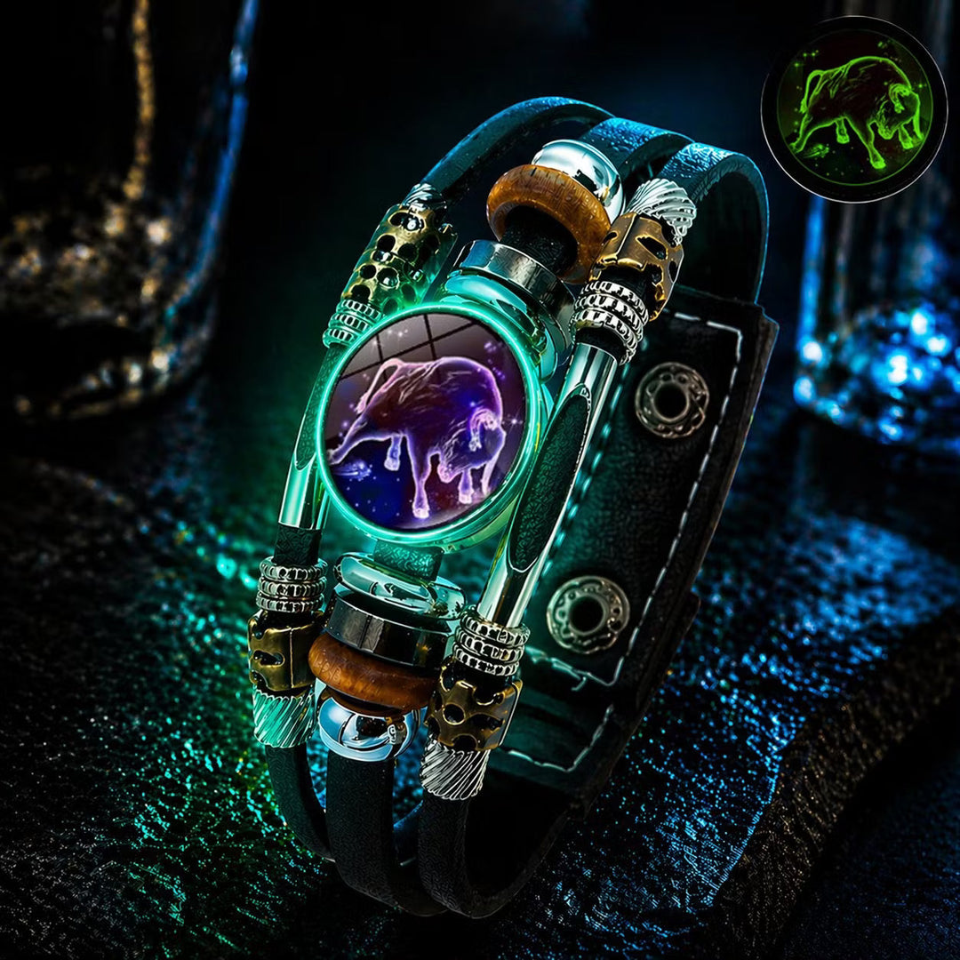 💥Last-Day Sale – 30% Off ☪️Glow-in-the-Dark Leather Zodiac Sign Bracelet For Men and Women (6.9/8.1 inches)♑️