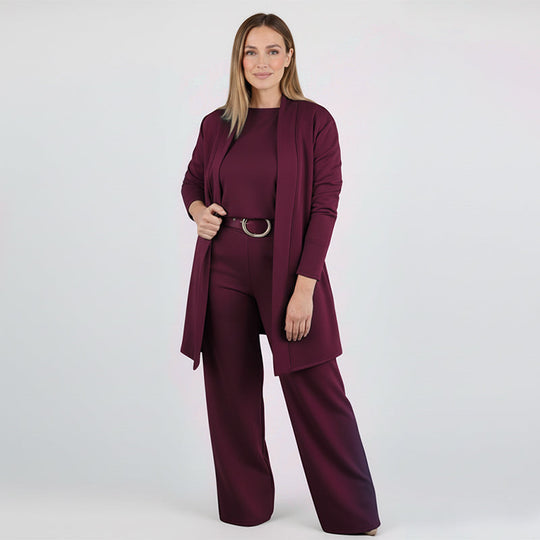 👗 Elegant Longline Cardigan 3-Piece Set – Soft Fabric, Chic Top & Pants for Office Commute & Daily Outings ✨