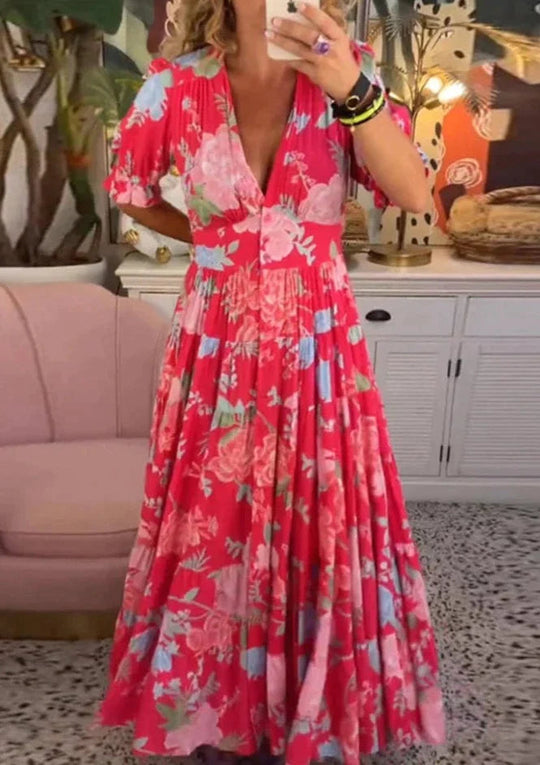 Heißer Verkauf💃V-Ausschnitt, geblümtes, locker sitzendes Maxikleid