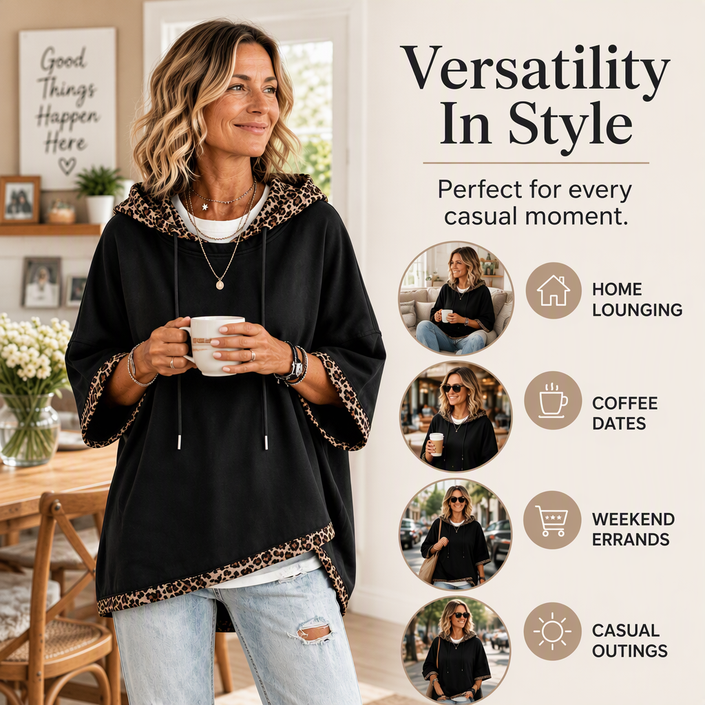 🐆 Leopard Detail, Easy Style | Women's Loose-Fit Drawstring Hoodie