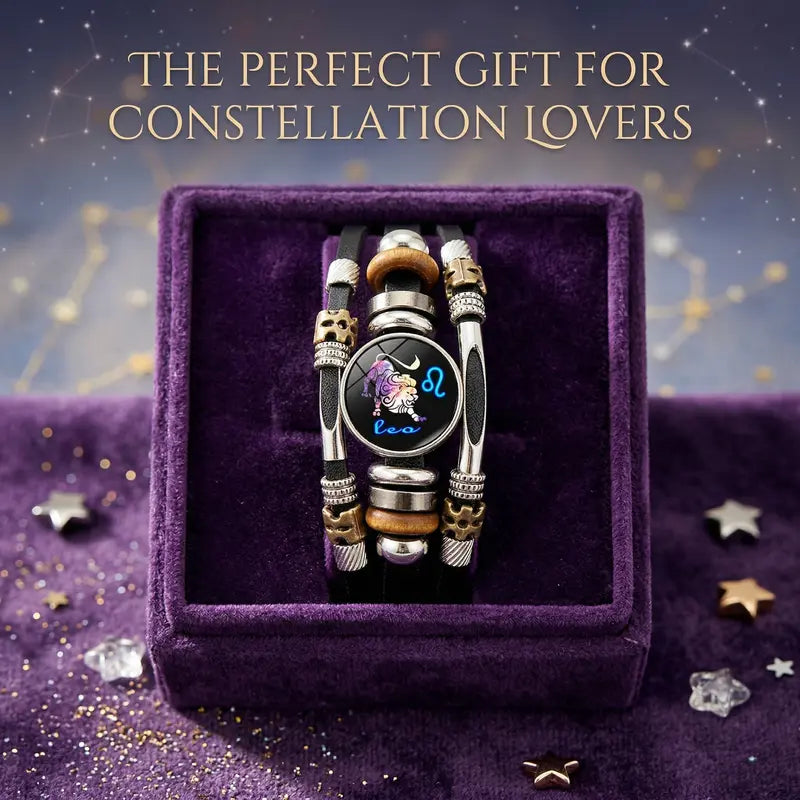💥Last-Day Sale – 30% Off ☪️Glow-in-the-Dark Leather Zodiac Sign Bracelet For Men and Women (6.9/8.1 inches)♑️