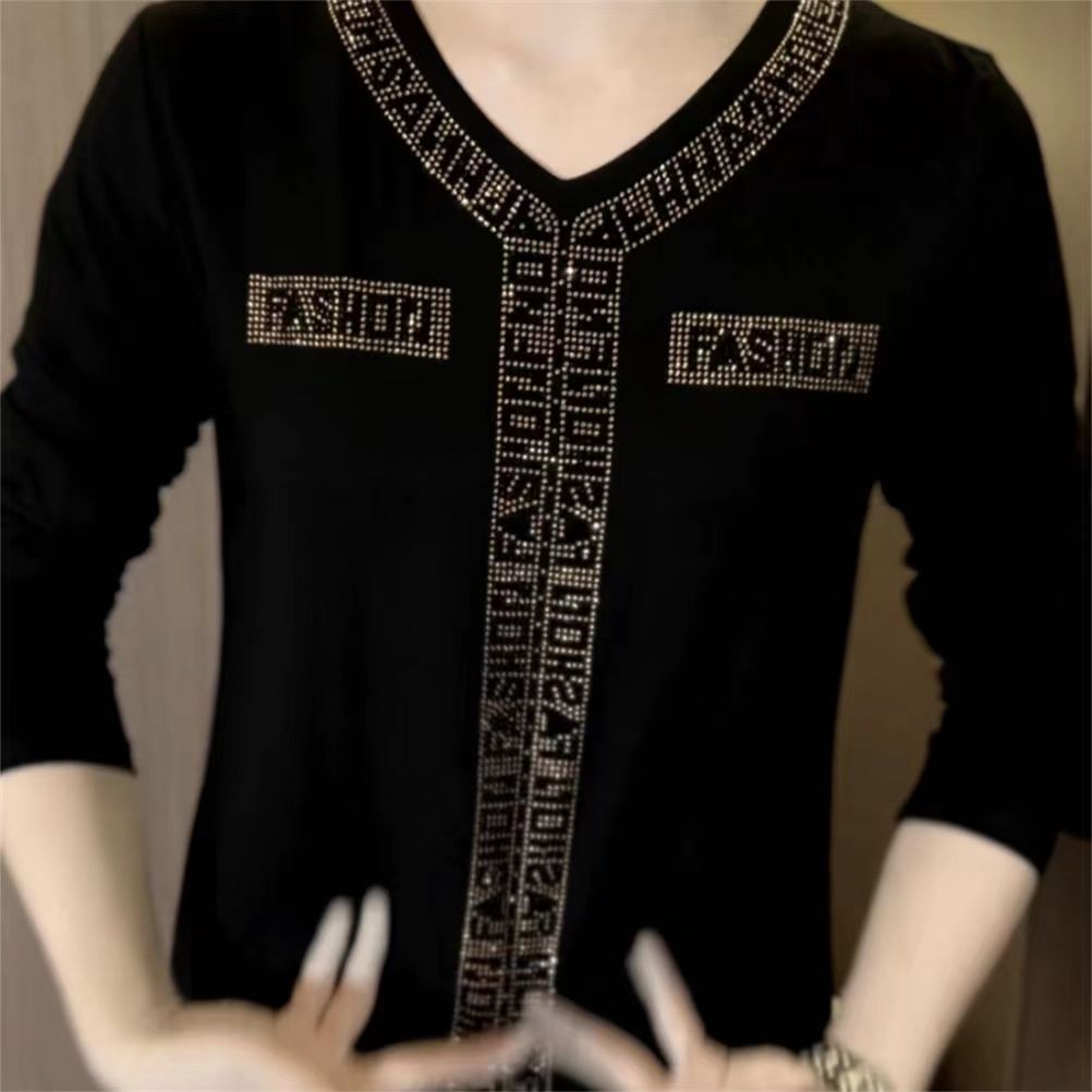 🔥Camiseta de manga longa de veludo con pedrería de inverno de calidade 2025