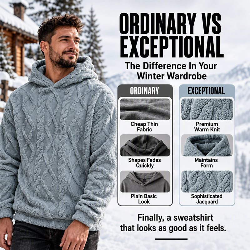 Men's Winter Fodrad Lined Hoodie Jacquard Pattern Long Sleeve Pullover Sweatshirt for Casual Outdoor Wear