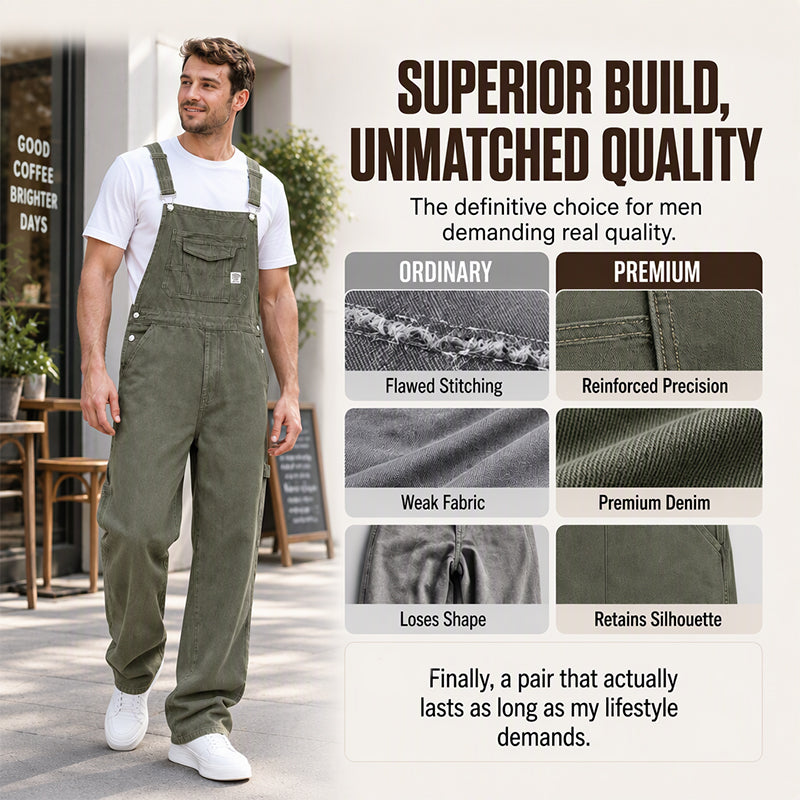 Men's Heavyweight Cotton Denim Overalls Relaxed Fit Straight Leg Dungarees with Multi Pocket Utility