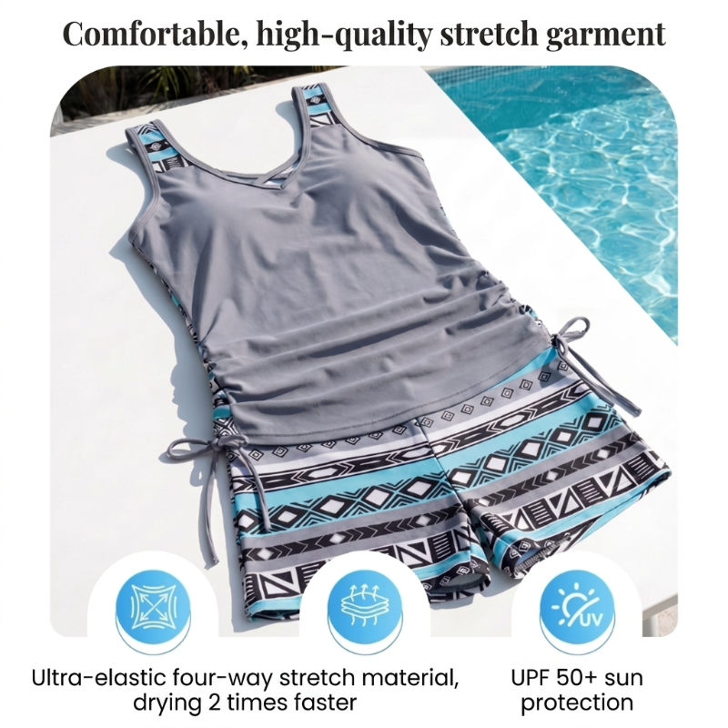 ⏰LAST DAY 60% OFF🌊Women's Tummy Control Tankini Set with Built-In Bra – Flattering Boho Swimwear with Shorts