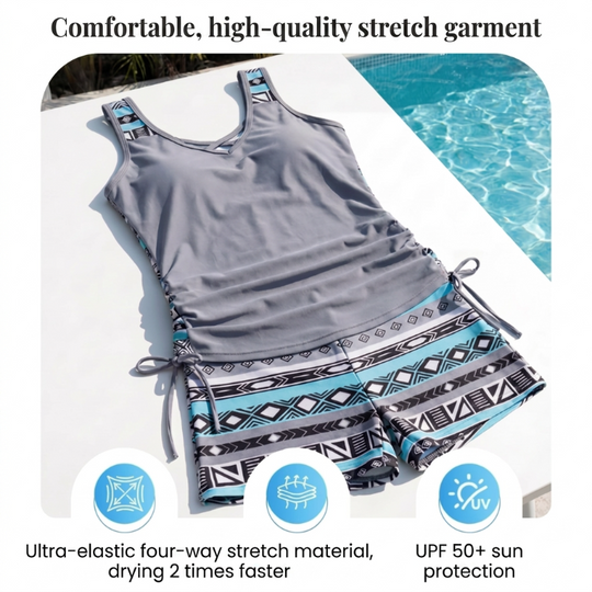 ⏰LAST DAY 60% OFF🌊Women's Tummy Control Tankini Set with Built-In Bra – Flattering Boho Swimwear with Shorts