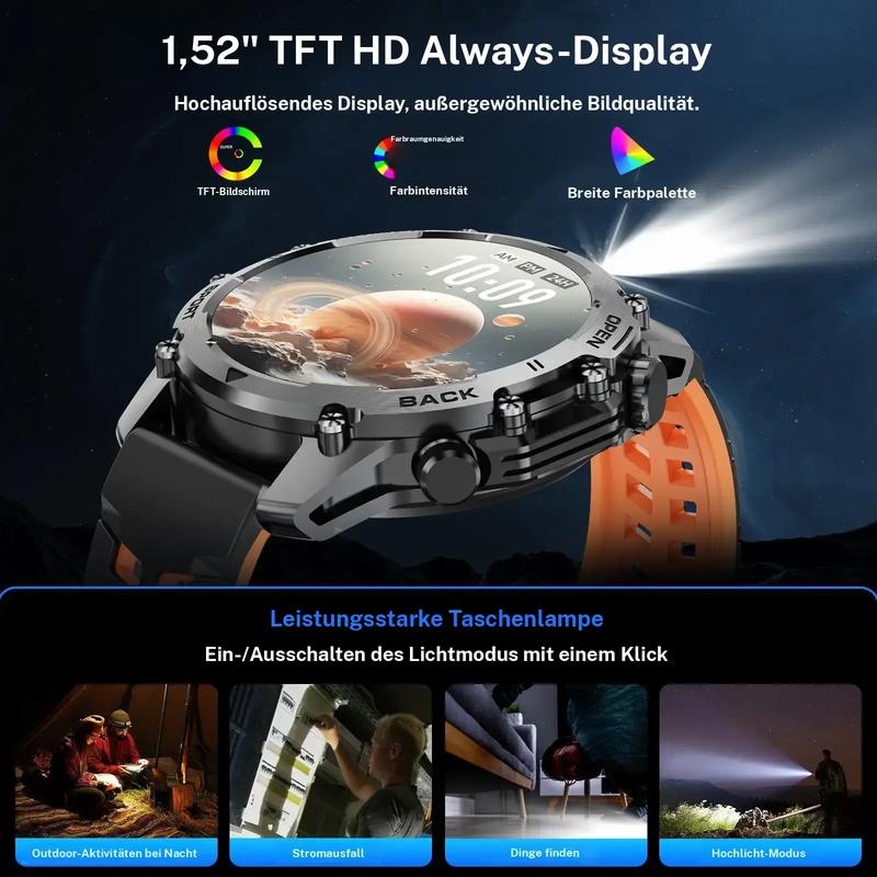 ⌚1.52" HD smartwatch for men – Phone calls and music control – Multiple sports modes – IP68 waterproof – Long battery life – Fitness watch for Android and iPhone