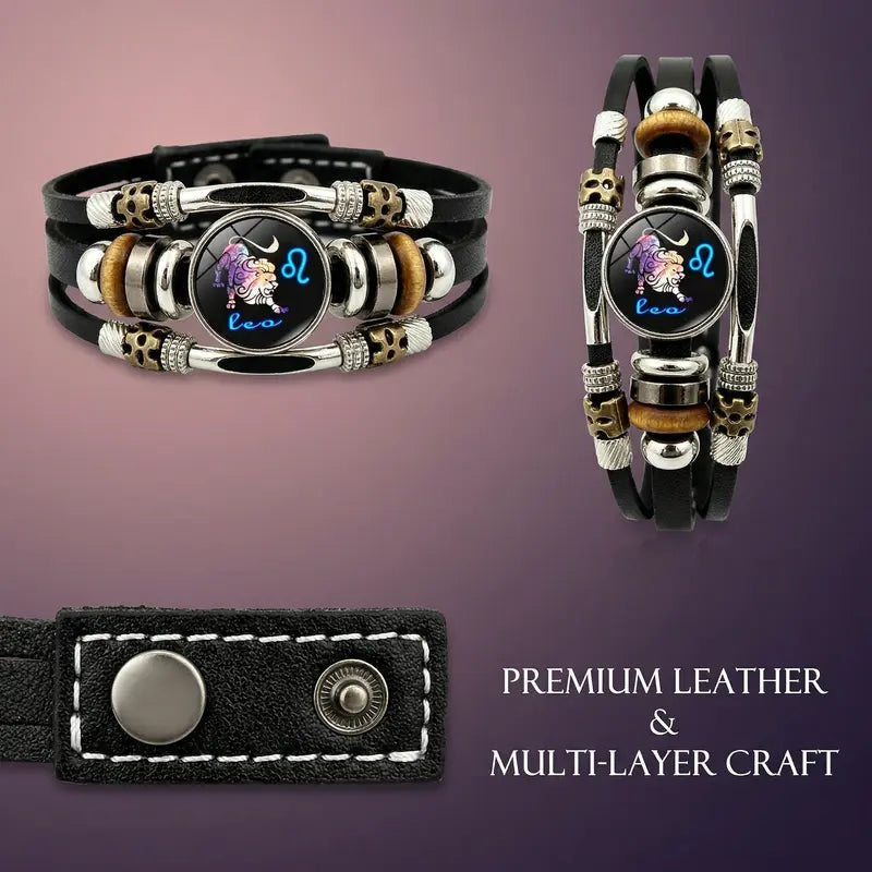 💥Last-Day Sale – 30% Off ☪️Glow-in-the-Dark Leather Zodiac Sign Bracelet For Men and Women (6.9/8.1 inches)♑️