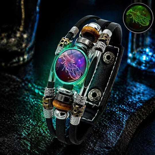 💥Last-Day Sale – 30% Off ☪️Glow-in-the-Dark Leather Zodiac Sign Bracelet For Men and Women (6.9/8.1 inches)♑️