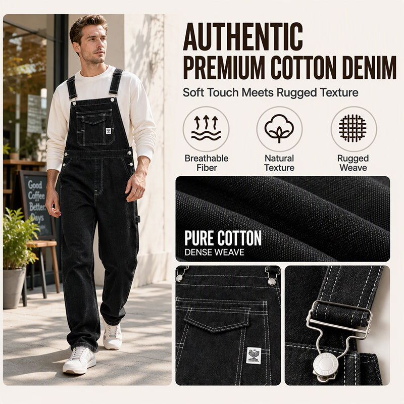 Men's Heavyweight Cotton Denim Overalls Relaxed Fit Straight Leg Dungarees with Multi Pocket Utility