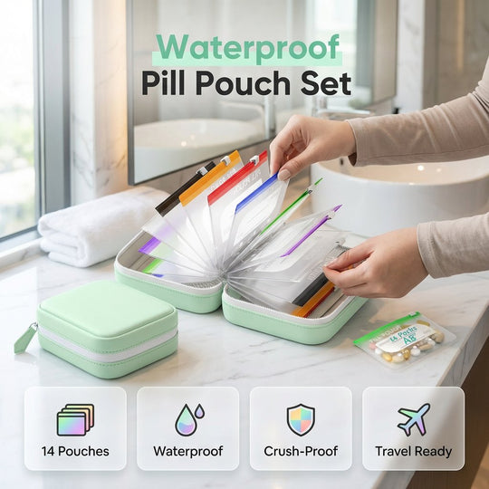 🥳2026 HOT SALE🥳💞50K+ SOLD!💊🧳 50% OFF! A8 Waterproof Pill Pouch Set – 14 colour‑coded pouches, waterproof & crush‑proof shell. Holds 7‑14 days of meds – perfect for travel & daily routines! 🗓️✨